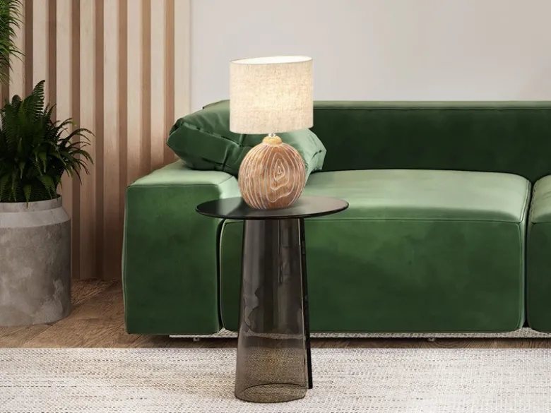 Tischleuchte TOBSE, Keramikfuß Holzfarben & Lampenschirm Leinen Beige, Höhe 53cm