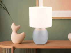 Tischleuchte VELA mit Glasfuß Grau und Stoffschirm Weiß, Höhe 29cm