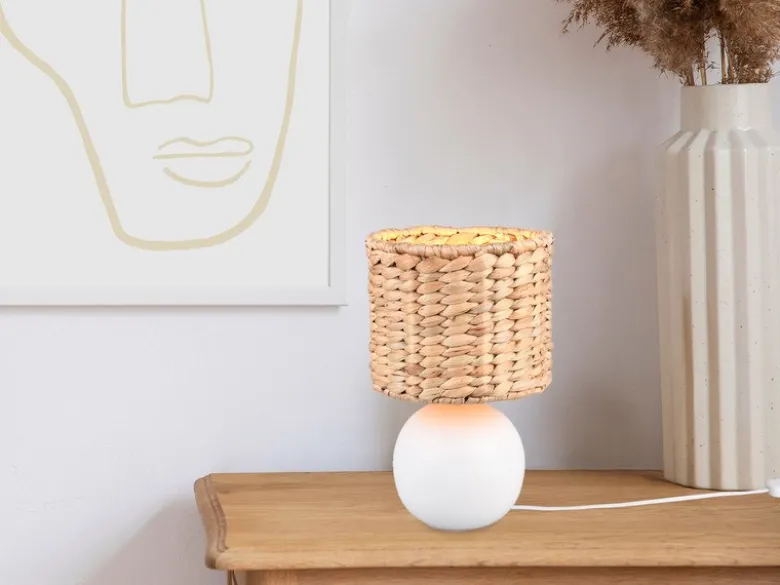 Tischleuchte VINA Keramikfuß Weiß mit Seegras Lampenschirm, Höhe 29cm