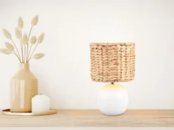 Tischleuchte VINA Keramikfuß Weiß mit Seegras Lampenschirm, Höhe 29cm