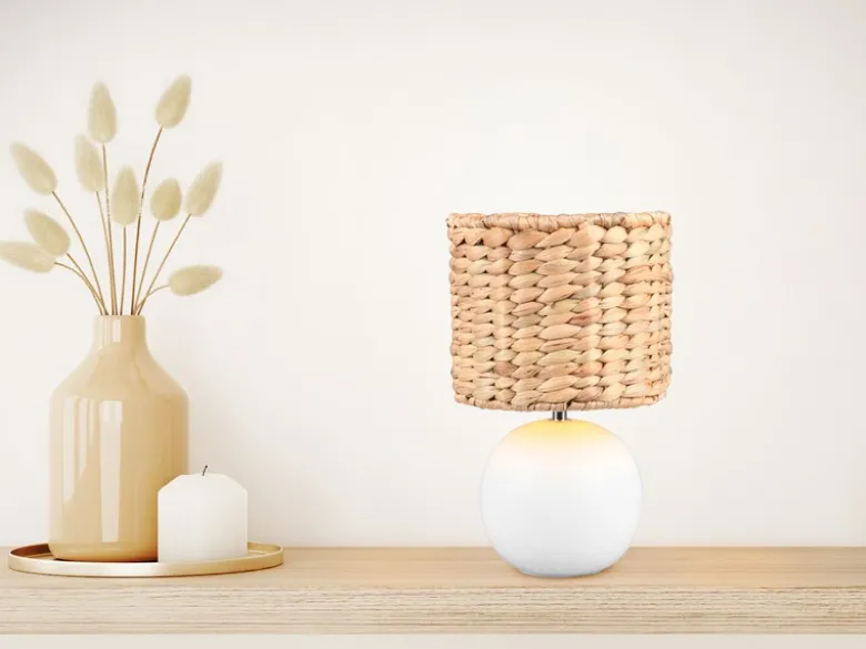 Tischleuchte VINA Keramikfuß Weiß mit Seegras Lampenschirm, Höhe 29cm