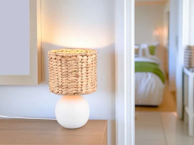 Tischleuchte VINA Keramikfuß Weiß mit Seegras Lampenschirm, Höhe 29cm