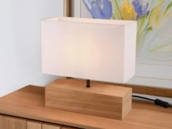 Tischleuchte WOODY Holzfuß mit Stoffschirm in Weiß, Höhe 30cm