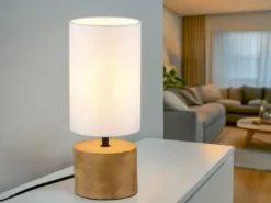 Tischleuchte WOODY Holzfuß mit Stoffschirm in Weiß, Höhe 30cm