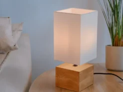 Tischleuchte WOODY Holzfuß mit Stoffschirm in Weiß, Höhe 30cm