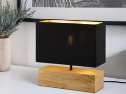 Tischleuchte WOODY Holzfuß Stoffschirm Schwarz/Gold, Höhe 30cm