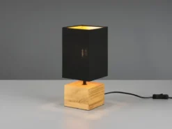 Tischleuchte WOODY mit Holzfuß Stoffschirm Schwarz / Gold, Höhe 30cm