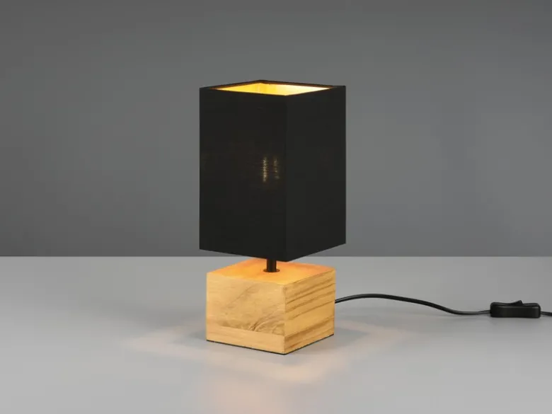 Tischleuchte WOODY mit Holzfuß Stoffschirm Schwarz / Gold, Höhe 30cm