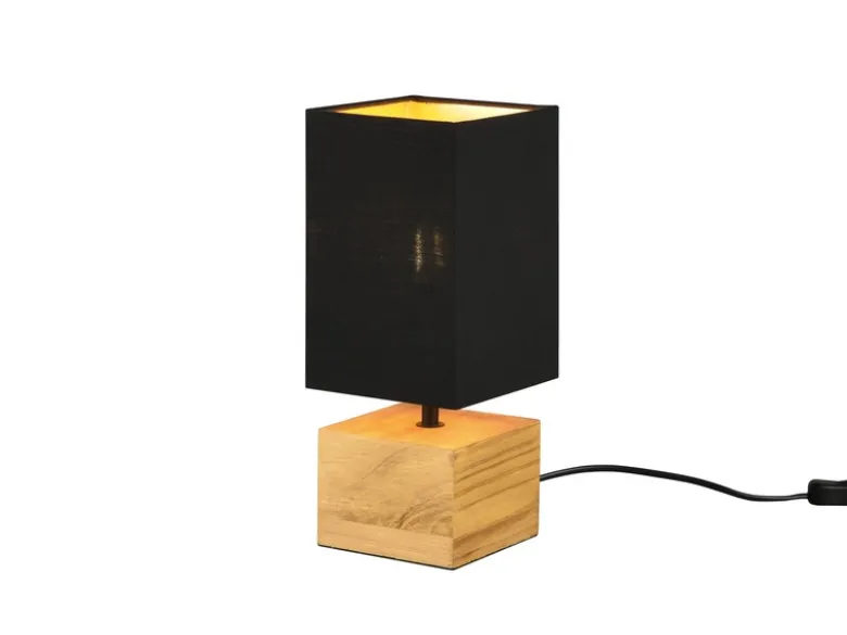Tischleuchte WOODY mit Holzfuß Stoffschirm Schwarz / Gold, Höhe 30cm
