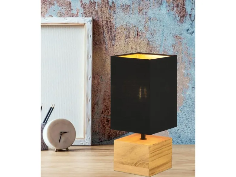 Tischleuchte WOODY mit Holzfuß Stoffschirm Schwarz / Gold, Höhe 30cm