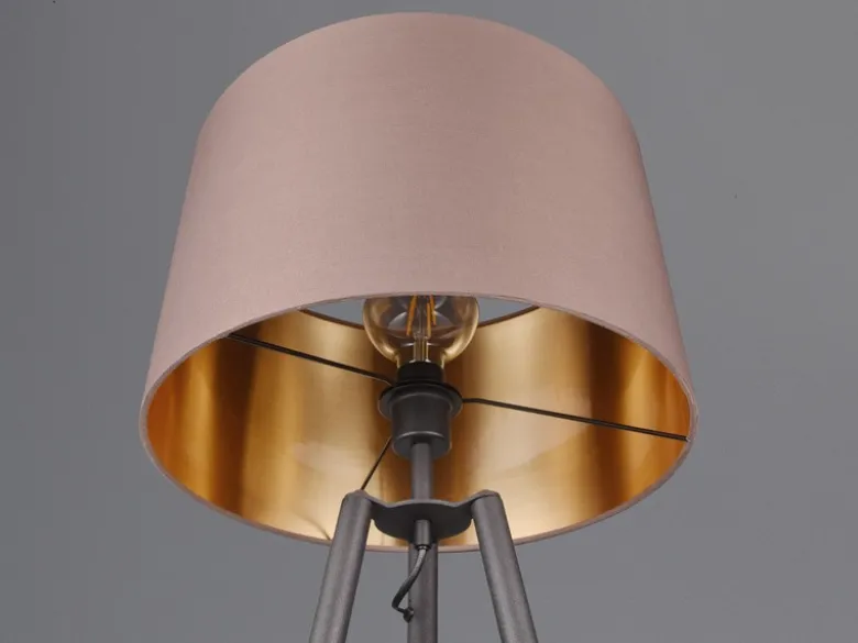 Tripod Stehleuchte COLETTE, Stoffschirm Taupe/Gold & Ablagetisch, Höhe 152cm