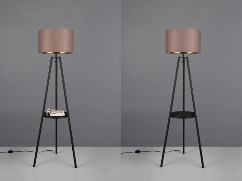 Tripod Stehleuchte COLETTE, Stoffschirm Taupe/Gold & Ablagetisch, Höhe 152cm