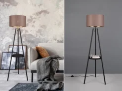 Tripod Stehleuchte COLETTE, Stoffschirm Taupe/Gold & Ablagetisch, Höhe 152cm