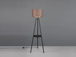 Tripod Stehleuchte COLETTE, Stoffschirm Taupe/Gold & Ablagetisch, Höhe 152cm