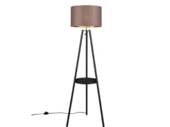 Tripod Stehleuchte COLETTE, Stoffschirm Taupe/Gold & Ablagetisch, Höhe 152cm