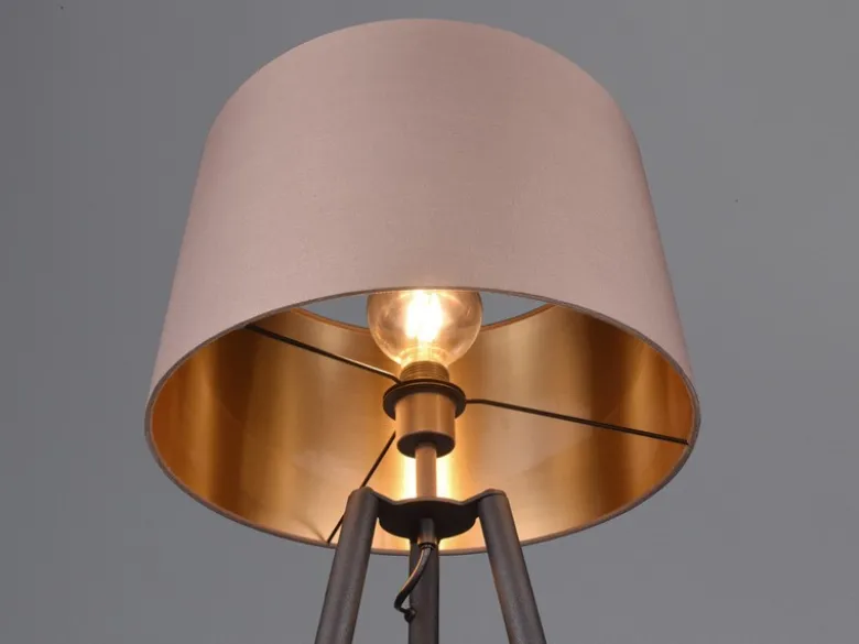 Tripod Stehleuchte COLETTE, Stoffschirm Taupe/Gold & Ablagetisch, Höhe 152cm
