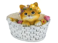 Verspielte LED Deko Solarleuchte Katze und Blumen im Korb, Höhe 15cm