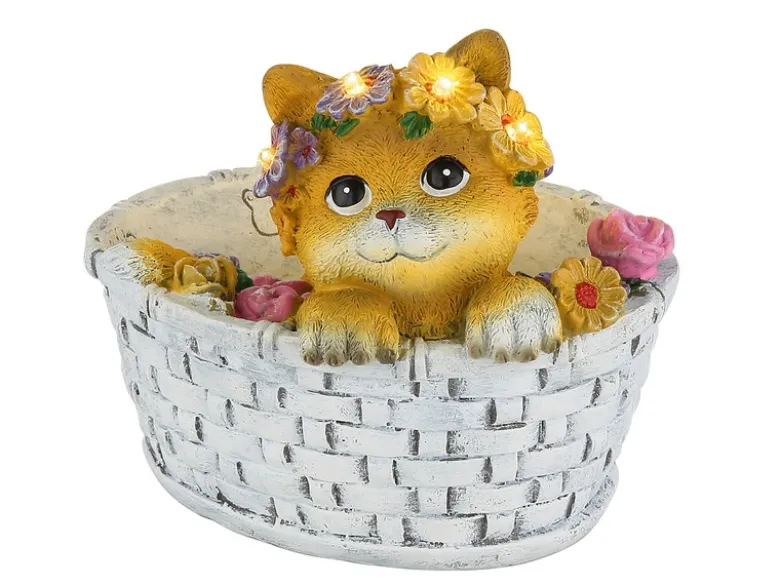 Verspielte LED Deko Solarleuchte Katze und Blumen im Korb, Höhe 15cm