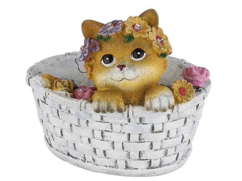 Verspielte LED Deko Solarleuchte Katze und Blumen im Korb, Höhe 15cm