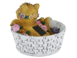 Verspielte LED Deko Solarleuchte Katze und Blumen im Korb, Höhe 15cm
