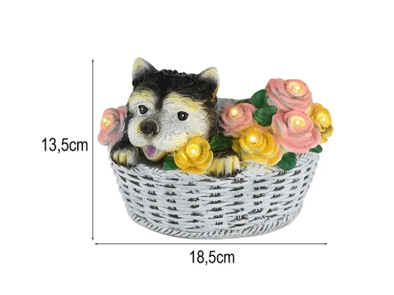 Verspielte LED Deko Solarleuchte Hund und Blumen im Korb, Höhe 13,5cm