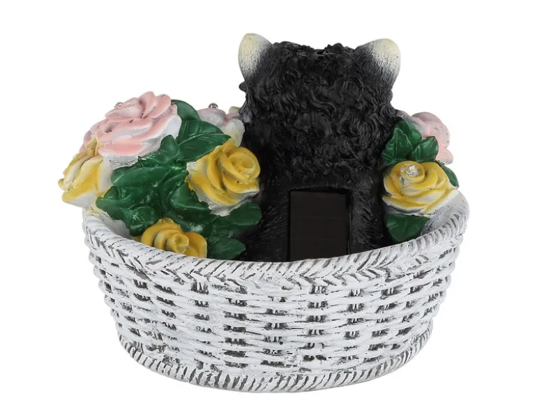 Verspielte LED Deko Solarleuchte Hund und Blumen im Korb, Höhe 13,5cm