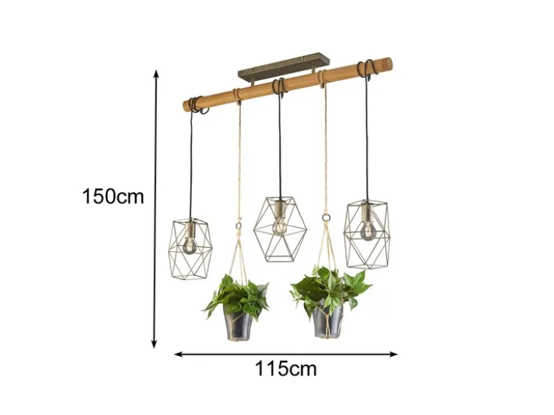 Vintage LED Balkenpendelleuchte 3-flammig mit Naturholz für Pflanzen