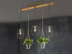 Vintage LED Balkenpendelleuchte 3-flammig mit Naturholz für Pflanzen