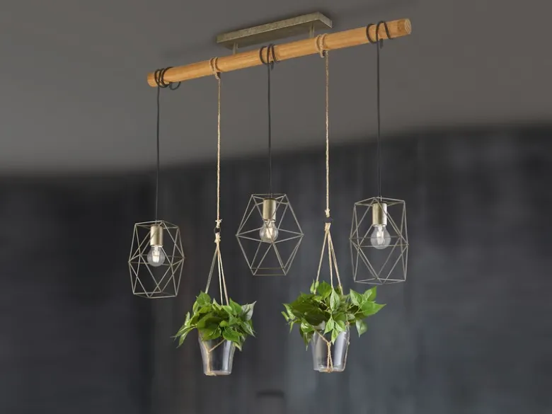 Vintage LED Balkenpendelleuchte 3-flammig mit Naturholz für Pflanzen