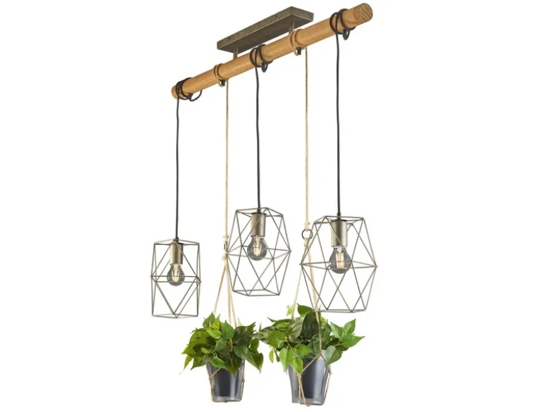 Vintage LED Balkenpendelleuchte 3-flammig mit Naturholz für Pflanzen