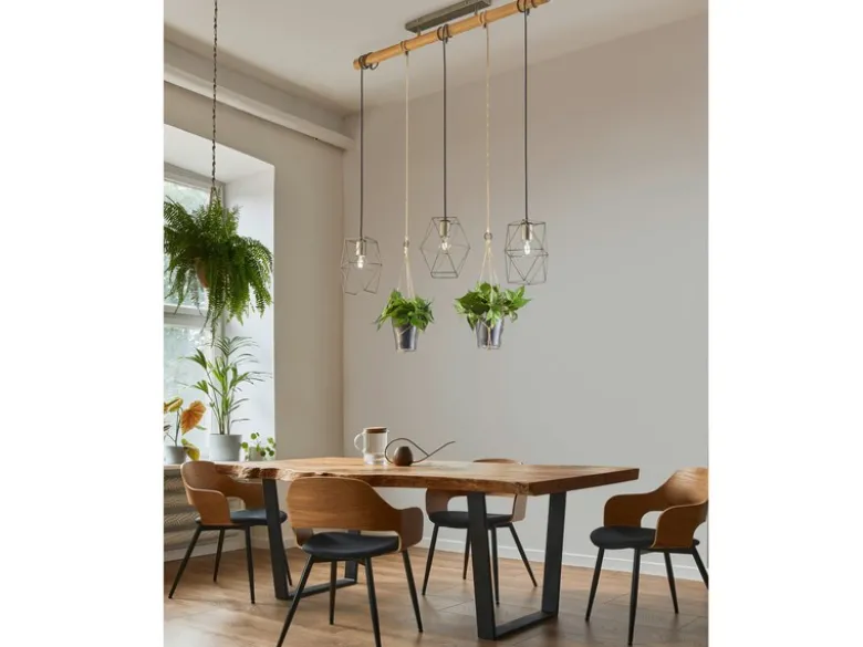 Vintage LED Balkenpendelleuchte 3-flammig mit Naturholz für Pflanzen