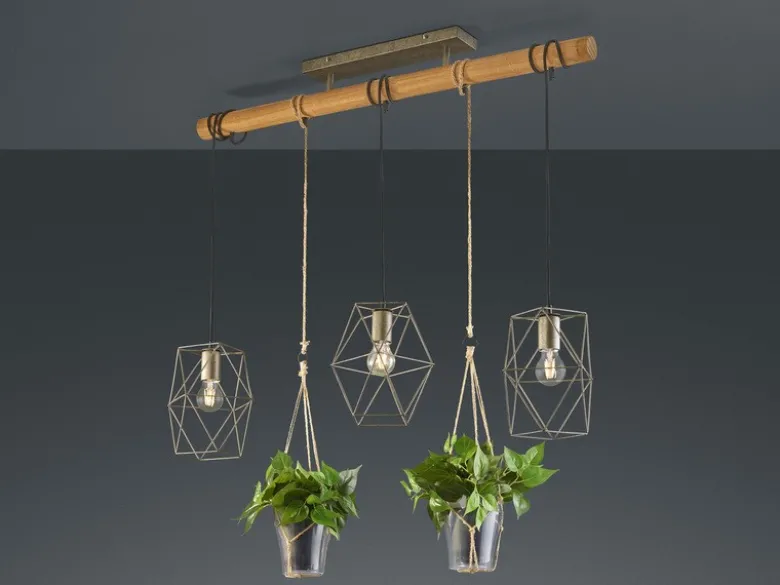 Vintage LED Balkenpendelleuchte 3-flammig mit Naturholz für Pflanzen