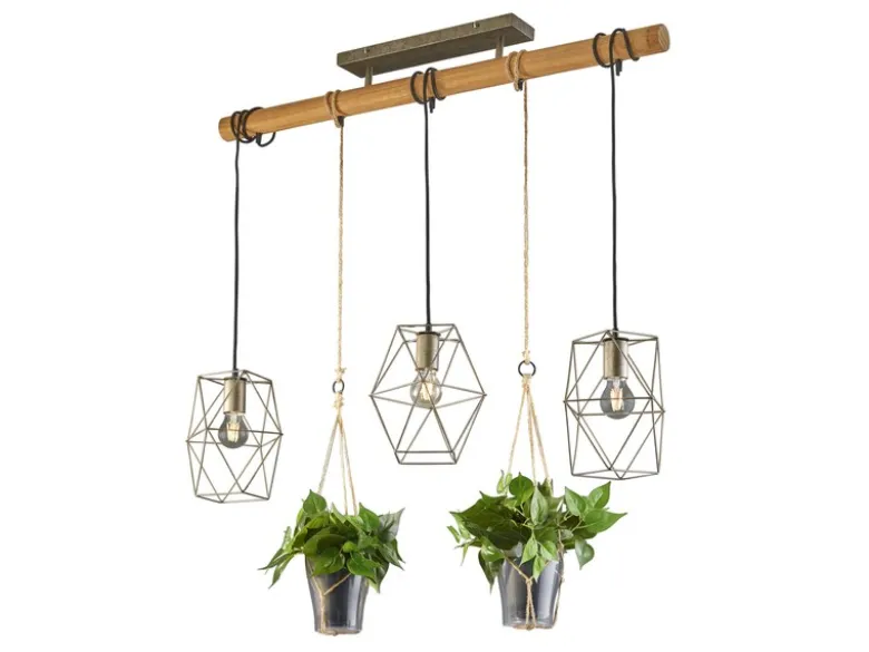 Vintage LED Balkenpendelleuchte 3-flammig mit Naturholz für Pflanzen