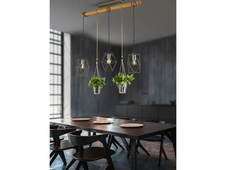 Vintage LED Balkenpendelleuchte 3-flammig mit Naturholz für Pflanzen