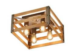Vintage LED Deckenlampe mit Echtholz Lampenschirm, Quadrat 40cm