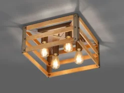 Vintage LED Deckenlampe mit Echtholz Lampenschirm, Quadrat 40cm