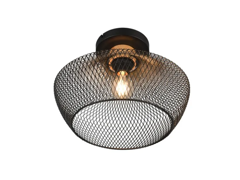 Vintage LED Deckenleuchte Drahtgeflecht Schwarz mit Holz Ø 35cm