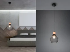 Vintage LED Pendelleuchte Drahtgeflecht Schwarz mit Holz, Ø 18cm