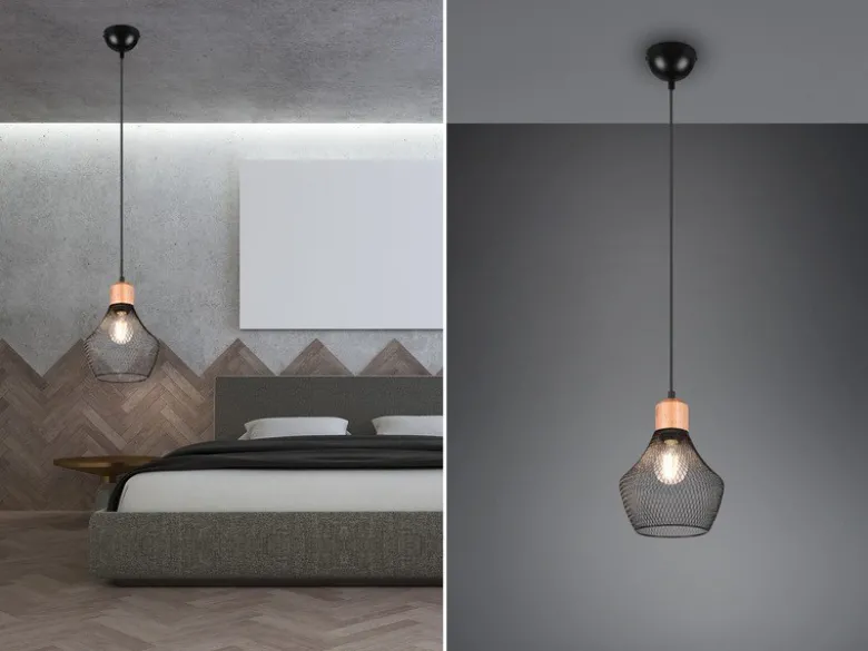 Vintage LED Pendelleuchte Drahtgeflecht Schwarz mit Holz, Ø 18cm