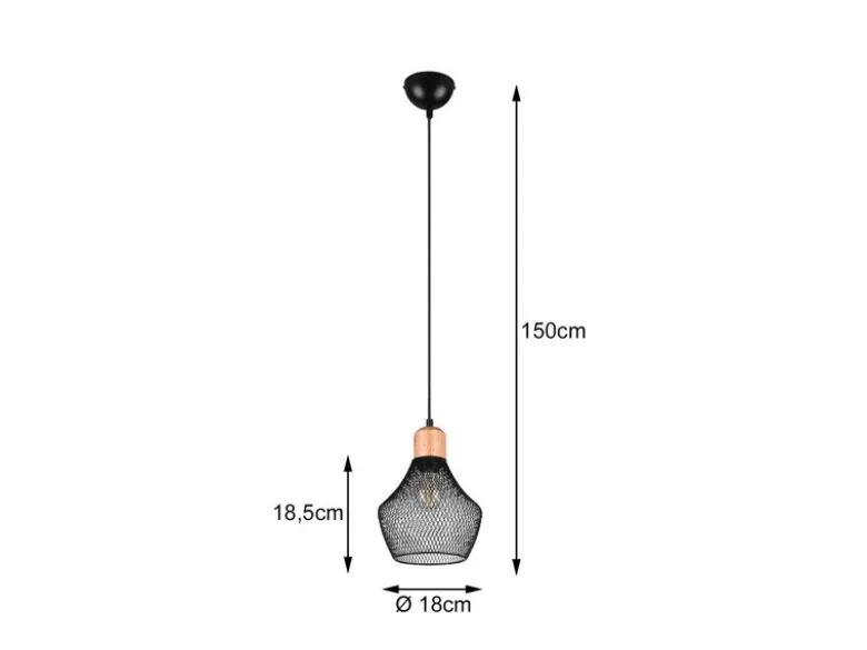 Vintage LED Pendelleuchte Drahtgeflecht Schwarz mit Holz, Ø 18cm