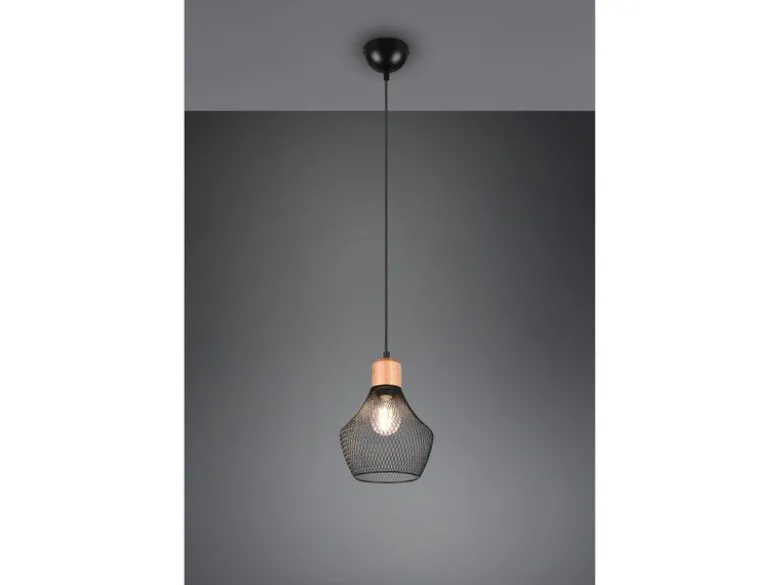 Vintage LED Pendelleuchte Drahtgeflecht Schwarz mit Holz, Ø 18cm