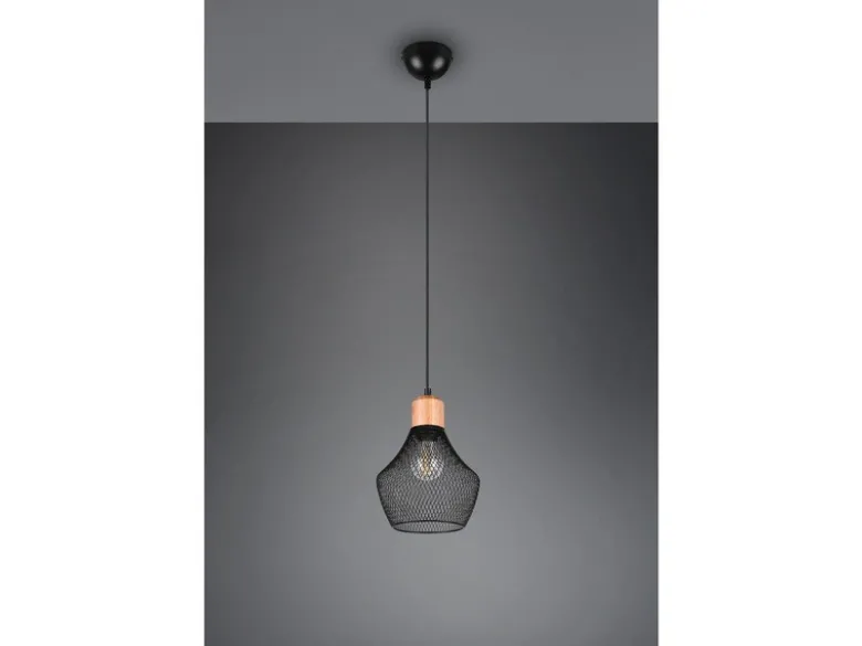 Vintage LED Pendelleuchte Drahtgeflecht Schwarz mit Holz, Ø 18cm