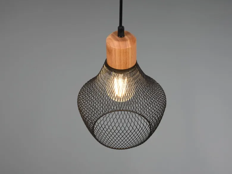Vintage LED Pendelleuchte Drahtgeflecht Schwarz mit Holz, Ø 18cm