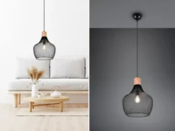 Vintage LED Pendelleuchte Drahtgeflecht Schwarz mit Holz Ø 33cm
