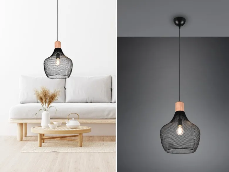 Vintage LED Pendelleuchte Drahtgeflecht Schwarz mit Holz Ø 33cm