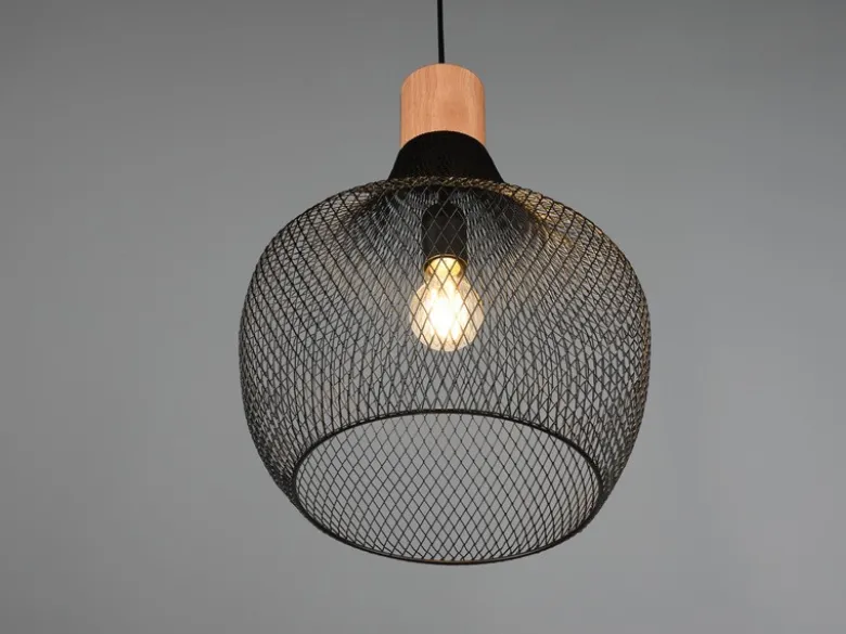 Vintage LED Pendelleuchte Drahtgeflecht Schwarz mit Holz Ø 33cm