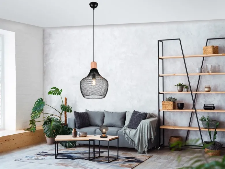 Vintage LED Pendelleuchte Drahtgeflecht Schwarz mit Holz Ø 33cm