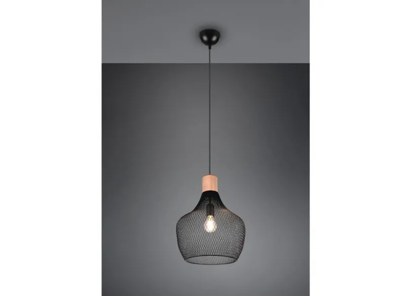 Vintage LED Pendelleuchte Drahtgeflecht Schwarz mit Holz Ø 33cm