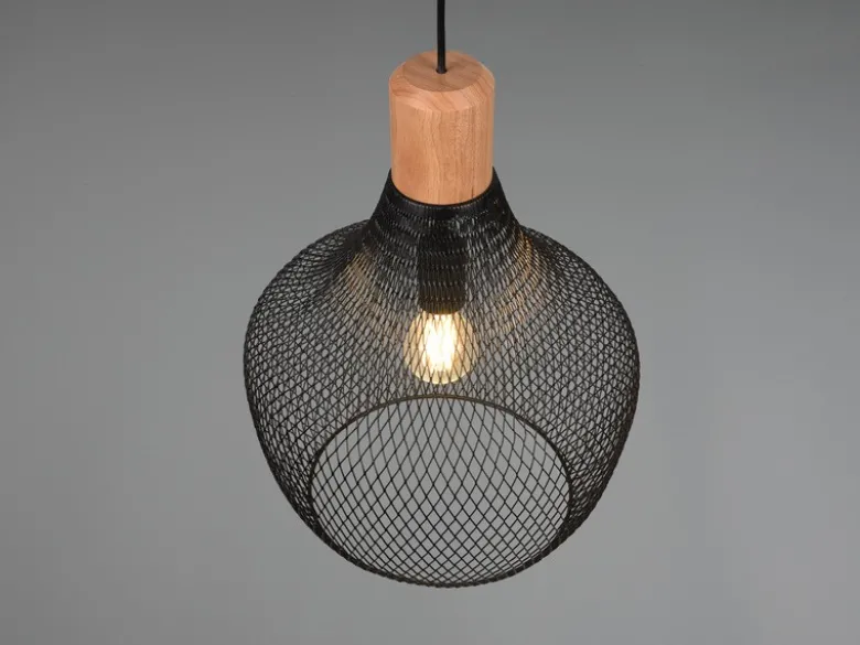 Vintage LED Pendelleuchte Drahtgeflecht Schwarz mit Holz Ø 33cm