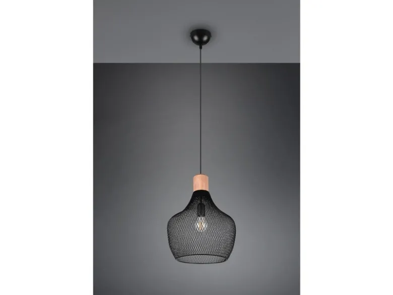 Vintage LED Pendelleuchte Drahtgeflecht Schwarz mit Holz Ø 33cm